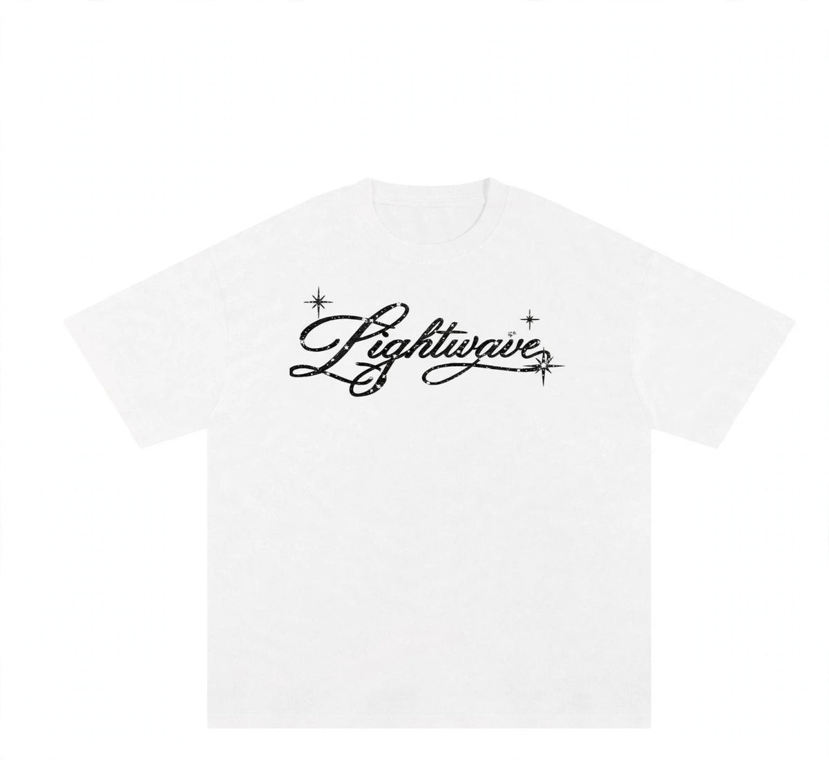 White LightWave Angel Tee with black script graphic, product view